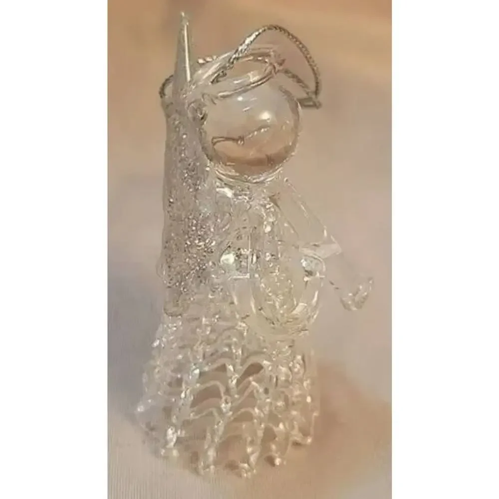 Vintage Glass Christmas Angel with Trumpet and Silver Glitter Wings